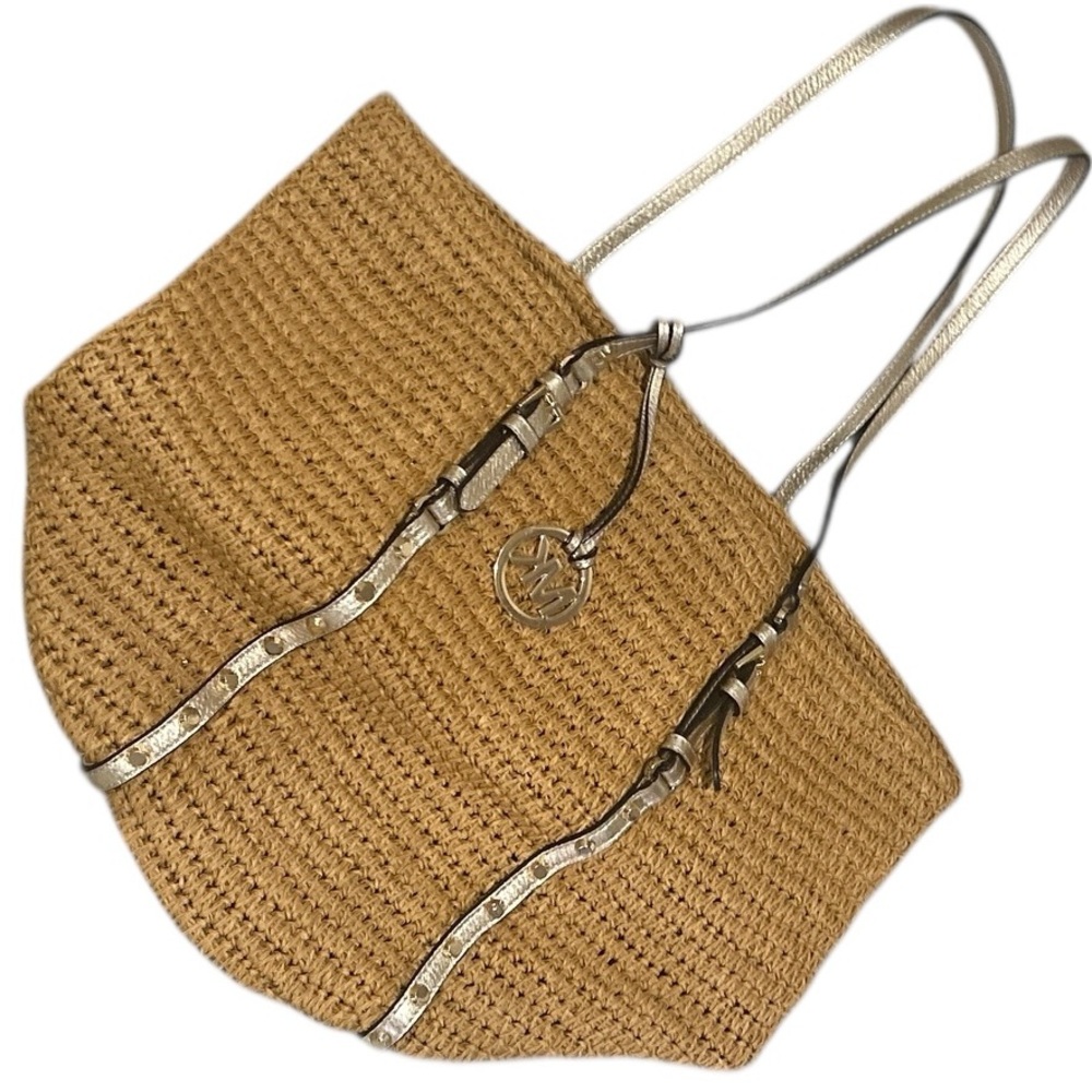 Michael Kors tan Woven straw Tote gold leather straps studded logo charm - Picture 4 of 11